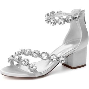 GHSIRUEU Vrouwen 2.16 Inch Lage Chunky Hakken Jurk Pomp Open Teen Kristal band Terug rits bruiloft blokhak sandalen,Zilver,36 EU