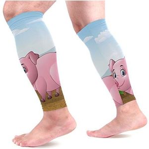 EZIOLY Cartoon varken met boerderij sport kalf compressie mouwen been compressie sokken kuitbeschermer voor hardlopen, fietsen, moederschap, reizen, verpleegkundigen