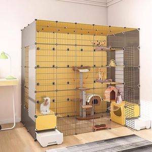 Indoor kattenkooi, konijnenhok, binnenkattenverblijf met kattenbak - ruim, eenvoudig te monteren, geschikt voor meerdere katachtige metgezellen (kleur: 4-delige set, maat: 219 x 141 x 183 cm)