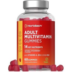Multivitamin Gummies | met 14 essentiële Vitamines en Mineralen bevat vitamine A, C, D, B12 en meer | voor Mannen en Vrouwen | Aardbeiensmaak | Horbaach