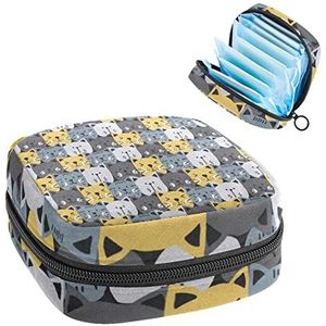 Opbergtas voor maandverband Pads, Menstruatie Cup Pouch, Periode Bag Organizer voor vrouwelijke Pads Tampons, katten hoofd patroon grijs geel