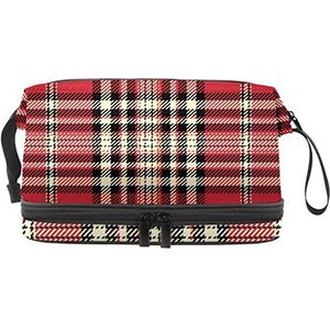 Grote capaciteit reizen cosmetische tas,Make-up tas,Waterdichte make-up tas organisator, rode crème klassieke plaid geruit, Meerkleurig, 27x15x14 cm/10.6x5.9x5.5 in