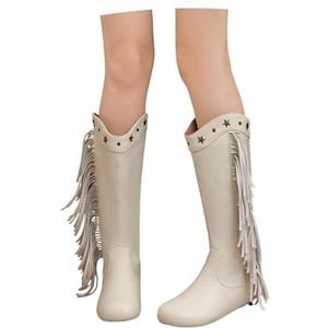 Sleehaklaarzen Dames PU Leren Lange Laarzen Met Rits Herfst-winter Rijlaarzen Met Franjes En Klinknagels Retro Middeleeuwse Schoenen For Cosplay(White,43 EU)
