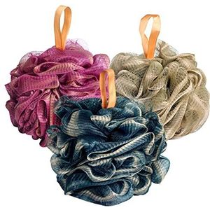 Fishent Badspons Douche Loofahs, 3 Pack Zachte Netto Body Scrubber Sponsbal, 60 g/stks Duurzame Mesh Poef Bad Loofah Spons Body Wash Puff (Paars-Groen-Blauw)