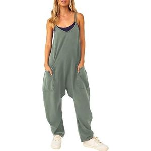 SAKEMA Dames Jumpsuits, grote maat moederschaps-jumpsuit, rekbare wijde pijpen jumpsuit met zakken voor dames casual (M, groen)