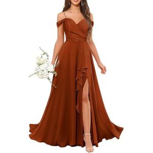 Chiffon bruidsmeisjesjurken voor dames, met split, lange baljurken, cocktailjurken, grote maten, Verbrand Oranje, 32