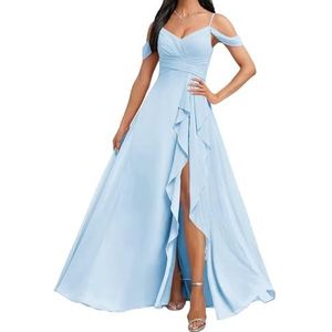 HPPEE Koude Schouder Bruidsmeisjes Jurken met Split Ruches A-lijn Chiffon Formele Avondfeestjurk, Lichtblauw, 32