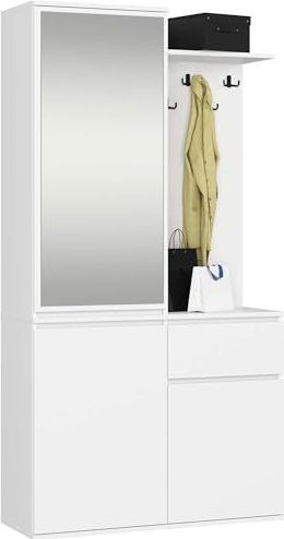 AKORD ENTRO Garderobeset, zwart, 95 cm, compacte garderobeset, smalle hal, 3 deuren, 1 lade, 7 planken, ganggarderobeset, modern, industriële stijl, wit