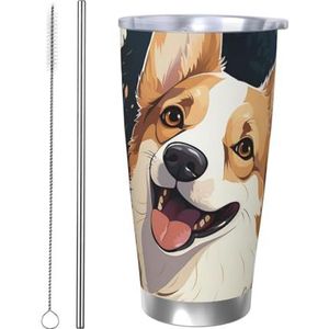 QMNEHJ 20oz roestvrijstalen beker met deksel en rietje, dubbelwandige vacuüm geïsoleerde koffie thermische beker corgi patroon reizen koffiemok herbruikbare waterfles voor warme en koude drank