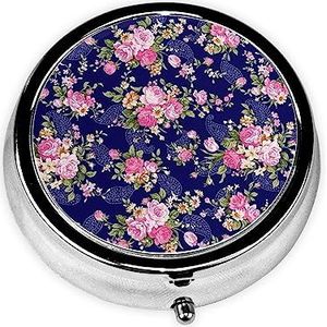 Marineblauw Base Bloemen Gedrukt Pil Doos 3 Component Mini Kleine Pil Case Leuke Pil Organizer Draagbare Ronde Pil Container Houder om Vitaminen Medicatie vast te houden