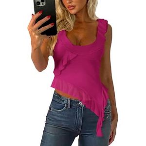 Dames Ruches Bretels, Asymmetrische Ronde Hals Mouwloze Crop Tops Sexy Cami-shirt(Color:Rose Red,Size:L)