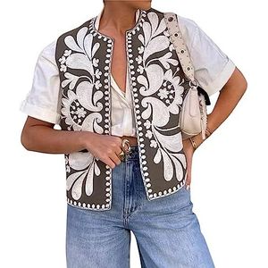 Dames vintage geborduurd vest crop topY2K mouwloos boho bloemenprint vest vintage open voorkant linnen gilet uitloper (kleur: legergroen, maat: XS)