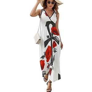 Ankh And Red Roses Maxi lange jurk voor dames, V-hals, mouwloos, tank, zonnejurk, zomer