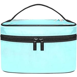 Roze palmbladeren op blauwe achtergrond make-up organizer tas, reismake-up tas organizer case draagbare cosmetische tas voor vrouwen en meisjes toiletartikelen, Meerkleurig, 22.5x15x13.8cm/8.9x5.9x5.4in