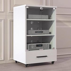 PP-Vic Stereokast Van Massief Hout Met Glazen Deur Mediastandaard Audiorek Met Wielen Opbergkast Voor Stereocomponenten AV-Kast Met Projector DVD-Speler Gameconsole Kabelbox,97cm white