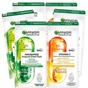 3 x Garnier SkinActive, niacinamide-masker van stof, ampul, detox reinigend + 3 x Garnier SkinActive, vitamine C, stofmasker, anti-vermoeidheid