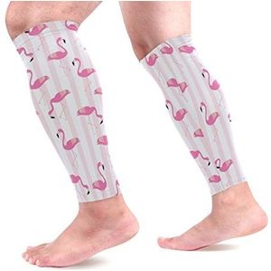 EZIOLY Roze flamingo's strepen sport kalf compressie mouwen been compressie sokken kuitbeschermer voor hardlopen, fietsen, moederschap, reizen, verpleegkundigen