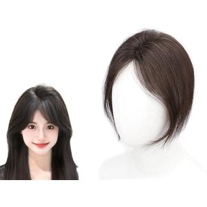 3D Franse Pony Haartopper for Vrouwen 100% Echt Menselijk Haar Extensies 7x11cm Zijden Basis Clip In Haarstukken 10inch Top Wiglets for Dunner Wordend Haar, Haaruitval, Grijs Haar(Brown)