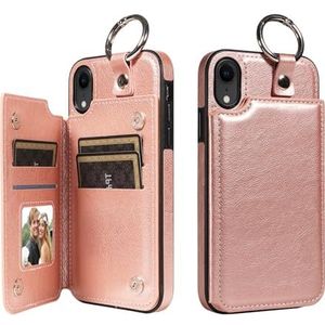 Telefooncase Telefoonbeschermhoes compatibel met iPhone XR Portemonneehoes met PU-lederen kaartvakken Achterkant met ring, dubbele magnetische sluiting en duurzame schokbestendige hoes (Color : Rose