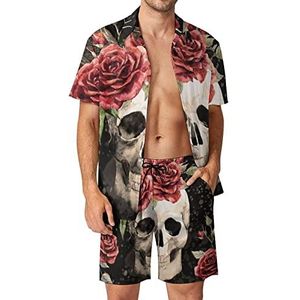 Aquarel Skull And Roses Hawaiiaanse bijpassende set voor heren, 2-delige outfits, overhemden en shorts met knopen voor strandvakantie