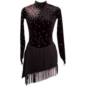 Nnnydjy Meisjes franje kunstschaatsen performance dansjurken Dames schaatswedstrijdkleding met lange mouwen Gymnastiek turnpakje unitards Fluwelen hoge elasticiteit,zwart,11_13Years