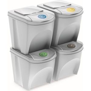 Sortibox Set van 4 prullenbak Afvalemmer Keuken (80 liter 4x25L) Prullenbak Container Afvalscheider Afvalemmer Afvalemmer Afvalscheider Bio-afval, Bademmer (grijs)
