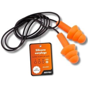 Mivos 200 paar herbruikbare oordopjes in een display, waterdichte en zachte siliconen oordopjes met koord, geluidsreductie 32 dB voor optimale gehoorbescherming