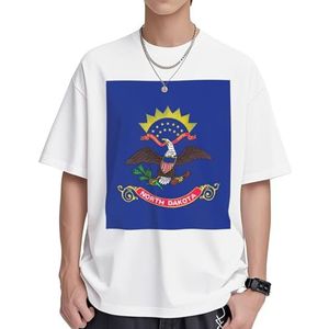 North Dakota State Flag Print Dames Katoenen T-shirts Casual Korte Mouw Tuniek Tops Ronde hals Zomer Basic Loose Fit Tee, Wit, S