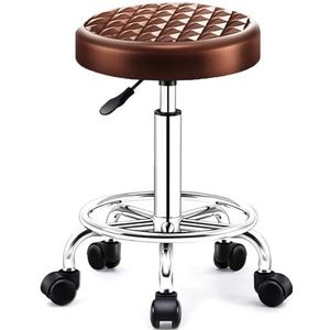 FXLUHAY Ronde rollende draaibare kruk met stille wielen voor massagesalon, kruk in hoogte verstelbaar, comfortabele 2-laags spons bredere zitting, winkelkruk met voetsteun voor haartjes (bruin)