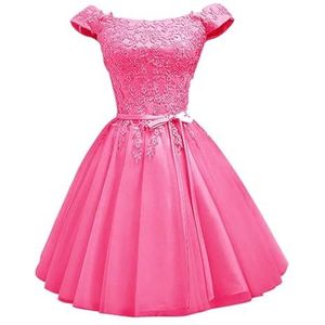 YIANN Off-shoulder satijnen thuiskomst jurken voor tieners met kanten applicatie mouwloze A-lijn baljurk korte galajurk, roze (hot pink), 32