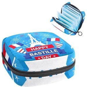 Maandverband Opbergtas, Menstruatiecup Pouch Tampon Bag, Menstruatie Pads Houder Organizer voor Vrouwen Meisjes, Blauw Happy Bastille Day 14 juli