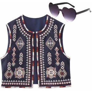 Geborduurd Vest, Vrouwen Geborduurd Bloemen Vest Top Mouwloos Open Front Cropped Blouse Vintage Waistcoat (Color : Blue, Size : S)