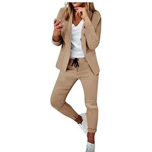 Elegant business pak set broekpak blazer broek 2-delig pak geruit tweedelig slimfit streetwear dames tweedelig revers pak set kantoor business lange mouwen formele jas slim fit broekpak, kaki, L