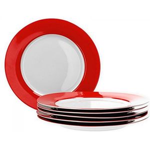 Van Well Vario Eetbordenset, 6-delig, tafelservies voor 6 personen, platte eetborden met Ø 26,5 cm, porseleinen servies wit met rand in rood, bordenset, magnetronbestendig