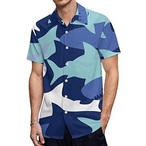 Camouflage patroon met schattige haaien heren Hawaiiaanse shirts korte mouw casual shirt button down vakantie strand shirts L