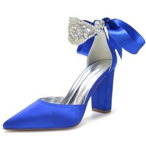 HFWXYSA Dames Puntige Neus Bruids Pumps Chunky Blok Hoge Hakken Jurk Feest Trouwschoenen Strass Enkelbandje Hof Schoenen,Blauw,37 EU