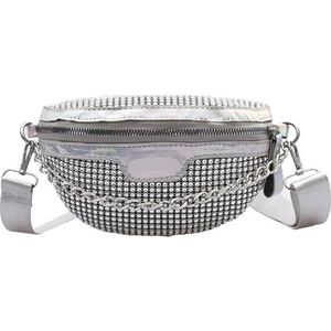 Strass Tassen Mode Strass Taille Packs Vrouwen PU Borst Tas Casual Rits Glanzende Borst Telefoon Pack Lady Lichtgewicht Crossbody Tas voor Reizen, Zilver, Eén maat