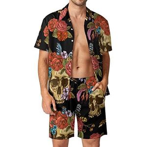 Skull And Flowers Day of the Dead Hawaiiaanse bijpassende set voor heren, 2-delige outfits, button-down shirts en shorts voor strandvakantie