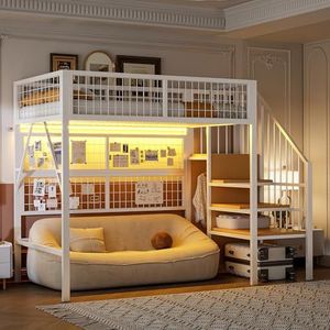 IJzeren bed, stapelbed, hoogslaper 90 x 200 cm, geschikt voor kinderen en jongeren, veelzijdig, metalen hoogslaper met app-gestuurde ledstrips, trap met opbergruimte, open kledingkast, zwart-wit