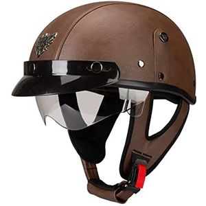 Halve Motorhelm Met Bril Retro Motor-Crashhelm, Lederen Halfhelm Met Open Gezicht + UV-Bril, Open Helm Vintage Stijl V,M