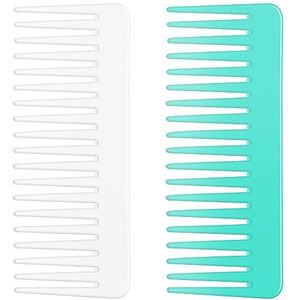 Brede tandenkam voor lang haar, krullend haar, nat haar, geen handvat ontklitter kam styling shampoo kam (2 stuks - wit, cyaan)