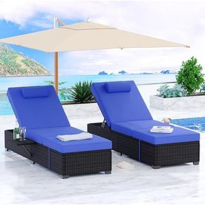 Outdoor Patio Chaise Lounge Stoelen Set van 2, Pe rieten Lounge Stoelen met Verwijderbare Meubelkussen, Bruine Rotan Ligstoel Verstelbare Rugleuning, Zwembad Ligstoelen met Opbergtafel