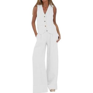 Linnen Pak Elegant Vrijetijdspak voor Dames Zomerlinnen Tweedelige Outfit Mouwloze Blazer Vest en Broek met V-hals 2-delige Pakset Casual Effen Broekpak(White,XL)