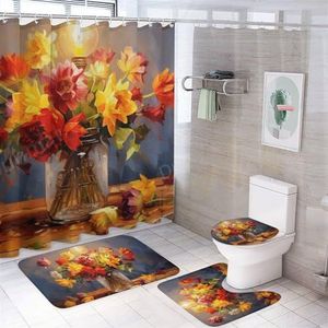 DEBAOKA Aquarel bloemen badkamer douchegordijn set eenvoudige vaas kleurrijke bloem 4 stuks douchegordijnsets, toiletdeksel en badmat douchegordijnen voor badkamer met 12 haken