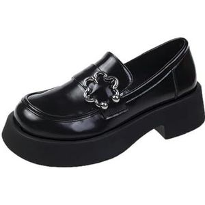 BKYWJTR6 Dames herfst kleine leren schoenen met dikke zolen, modieuze Britse stijl, comfortabel, Mary Jane, klassiek, trekt zwart, elegante enkele schoenen aan, zwart, 38 EU