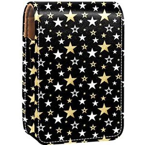 Draagbare Lipstick Case voor reizen, Mini Lipstick Opbergdoos met spiegel voor dames dames, lederen cosmetische etui wit en goud sterren-01, Meerkleurig, 9.5x2x7 cm/3.7x0.8x2.7 in