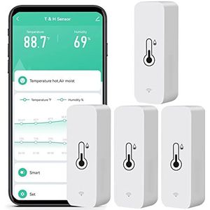 SENCKIT WiFi-vochtigheidstemperatuurmonitor: slimme hygrometerthermometer voor externe monitor en waarschuwing, hoge precisie binnenthermometer met TUYA-app, geen hub vereist, compatibel met Alexa (4-pack)