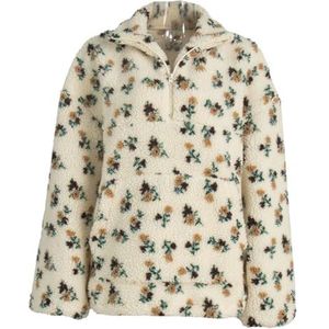 Dames Floral Sherpa Pullover Kwart Rits Oversized Fleece Jas Met Zakken Y2K Stijl(Off white,XXL)