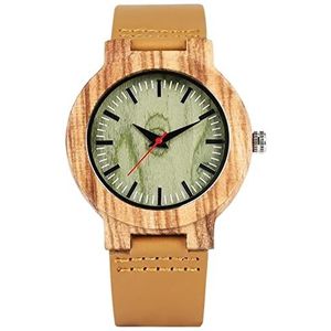 Handgemaakt Houten horloge for mannen eenvoudige koffie groene strepen wijzerplaat ronde hout horloge casual lederen band klok mannelijk quartz Huwelijksgeschenken (Color : Green dial)