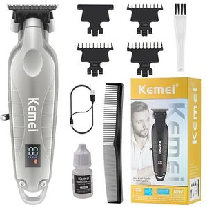 KEMEI 2293 Professionele Haar/Baard Trimmer voor Mannen Zero Gapped Tondeuse voor Kapper met T Blade, Draadloze Oplaadbare, Zilverachtig